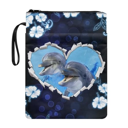 ZIATUBLES Buchhülle mit Delfin-Blumendruck für Jungen und Mädchen, Buchhülle mit Reißverschluss und Tasche, Buchhüllen für Taschenbuch, Tragetasche, Buchliebhaber, Geschenke von ZIATUBLES