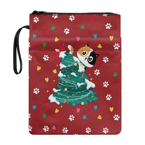 ZIATUBLES Buchhülle mit Katzenpfotenabdruck für Buchliebhaber, Weihnachtsbaum, Reißverschluss, Bucheinband, dehnbar, Buchschutz, Lehrbuchhüllen, wiederverwendbare Geldbörse, waschbare Tasche von ZIATUBLES