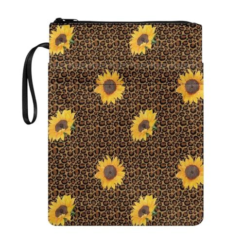 ZIATUBLES Buchhülle mit Leoparden-Sonnenblumen-Print für Jungen und Mädchen, Bucheinband mit Reißverschluss und Tasche, Buchhüllen für Taschenbuch, Schutz, Tragetasche, Buchliebhaber, Geschenke von ZIATUBLES