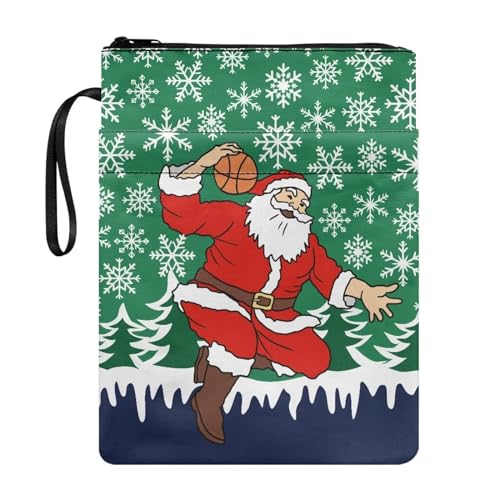 ZIATUBLES Buchhülle mit Weihnachtsmann-Aufdruck mit Reißverschluss und Vordertasche, Basketball-Schneeflocken-Buchhüllen für Taschenbuch, 29,5 x 22,6 cm, Weihnachtsbuchliebhaber, Geschenke für von ZIATUBLES