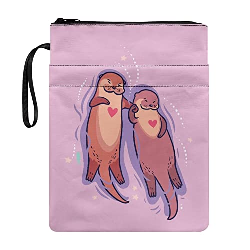 ZIATUBLES Buchhülle mit niedlichem Otterdruck für Buchliebhaber, Bucheinband, Taschenbuch, Geldbörse, Buch-Aufbewahrungstasche mit Reißverschlusstasche, Buchliebhaber, Geschenke, Rosa von ZIATUBLES