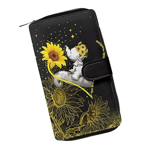 ZIATUBLES Damen Geldbörse zum Aufstecken, Kunstleder, Geldbörse mit Reißverschluss, Bifold Brieftaschen, Kreditkartenhalter, Organizer, lange Clutch, Elefant Sonnenblume, Einheitsgröße von ZIATUBLES