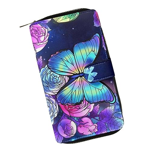 ZIATUBLES Damen Geldbörse zum Aufstecken, Kunstleder, Geldbörse mit Reißverschluss, Bifold Brieftaschen, Kreditkartenhalter, Organizer, lange Clutch, Pfingstrose Blumen Schmetterling, Einheitsgröße von ZIATUBLES