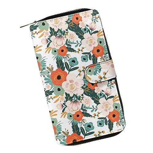 ZIATUBLES Damen Geldbörse zum Aufstecken, Kunstleder, Geldbörse mit Reißverschluss, Bifold Brieftaschen, Kreditkartenhalter, Organizer, lange Clutch, Vintage Blumen Blüten, Einheitsgröße von ZIATUBLES