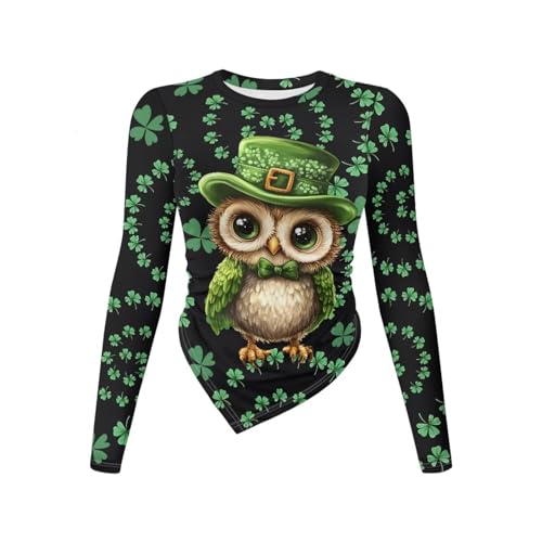 ZIATUBLES Damen-Langarm-Shirt, eng anliegend, Rundhalsausschnitt, Kleidung, T-Shirts, weiches T-Shirt mit unregelmäßigem Saum, Größe S-L, St.patrick Kleeblatt-Eule, S von ZIATUBLES