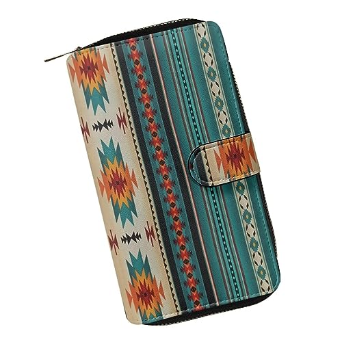 ZIATUBLES Damen Lange Bifold Geldbörse Kunstleder Kartenhalter Geldbörse mit Reißverschluss Tasche Clutch Snap Wallet für Damen, Aztec American Tribal Geometric, Einheitsgröße von ZIATUBLES