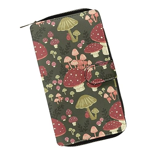 ZIATUBLES Damen Lange Bifold Geldbörse Kunstleder Kartenhalter Geldbörse mit Reißverschluss Tasche Clutch Snap Wallet für Damen, Blätter Pilz, Einheitsgröße von ZIATUBLES