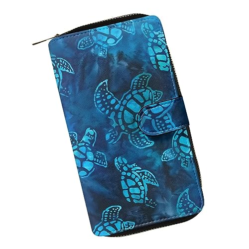 ZIATUBLES Damen Lange Bifold Geldbörse Kunstleder Kartenhalter Geldbörse mit Reißverschluss Tasche Clutch Snap Wallet für Damen, Blaue Aquarell Meeresschildkröte, Einheitsgröße von ZIATUBLES