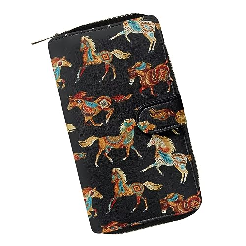 ZIATUBLES Damen Lange Bifold Geldbörse Kunstleder Kartenhalter Geldbörse mit Reißverschluss Tasche Clutch Snap Wallet für Damen, Boho Aztekisches Stammespferd, Einheitsgröße von ZIATUBLES