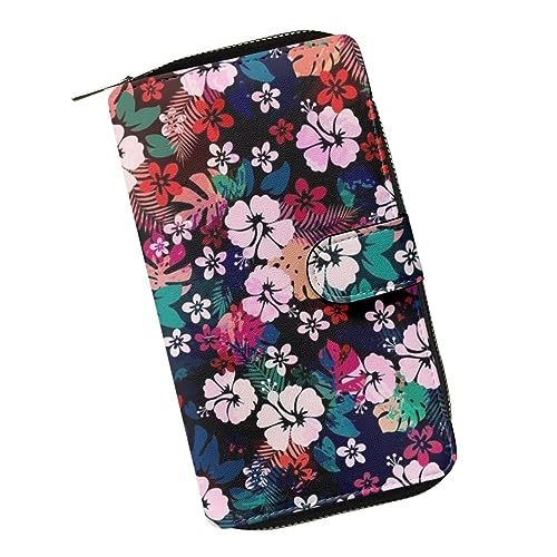 ZIATUBLES Damen Lange Bifold Geldbörse Kunstleder Kartenhalter Geldbörse mit Reißverschluss Tasche Clutch Snap Wallet für Damen, Bunte Blätter Hibiskus Floral, Einheitsgröße von ZIATUBLES