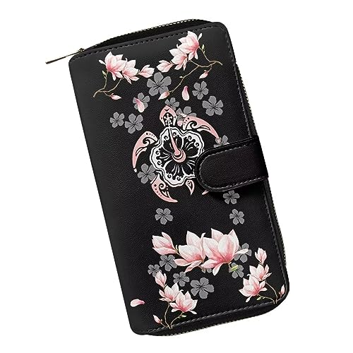 ZIATUBLES Damen Lange Bifold Geldbörse Kunstleder Kartenhalter Geldbörse mit Reißverschluss Tasche Clutch Snap Wallet für Damen, Retro Floral Meeresschildkröte, Einheitsgröße von ZIATUBLES