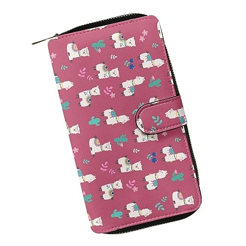 ZIATUBLES Damen Lange Bifold Geldbörse Kunstleder Kartenhalter Geldbörse mit Reißverschluss Tasche Clutch Snap Wallet für Damen, Rosa Alpaka Kaktus, Einheitsgröße von ZIATUBLES