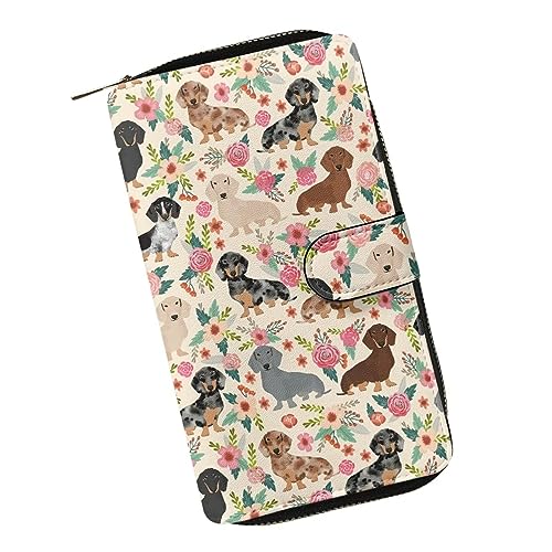 ZIATUBLES Damen Lange Bifold Geldbörse Kunstleder Kartenhalter Geldbörse mit Reißverschluss Tasche Clutch Snap Wallet für Damen, Vintage Floral Dackel Hund, Einheitsgröße von ZIATUBLES