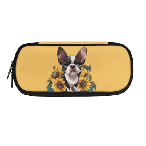 ZIATUBLES Federmäppchen für Jungen und Mädchen, Federmäppchen mit Reißverschluss, modisches Federmäppchen für Erwachsene, Büro, Schule, Niedlicher Boston-Hund mit Sonnenblume, Einheitsgröße, von ZIATUBLES