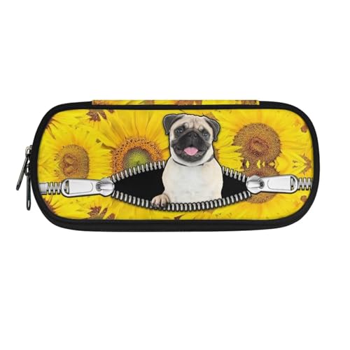 ZIATUBLES Federmäppchen mit Reißverschlussfach, Stiftehalter, mehrere Fächer, Schreibwaren-Organizer für Büro, Sonnenblumen-Mops, Einheitsgröße, Federmäppchen von ZIATUBLES