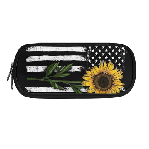 ZIATUBLES Federmäppchen mit Reißverschlussfach, Stiftehalter, mehrere Fächer, Schreibwaren-Organizer für Büro, Vintage USA-Flagge Sonnenblume, Einheitsgröße, Federmäppchen von ZIATUBLES