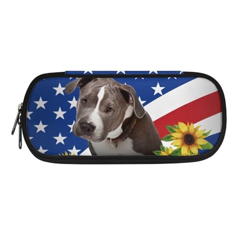 ZIATUBLES Federmäppchen mit Reißverschlussfach, Stiftehalter, mehrere Fächer, Schreibwaren-Organizer für Büro, Vintage USA-Flagge Sonnenblume Hund, Einheitsgröße, Federmäppchen von ZIATUBLES