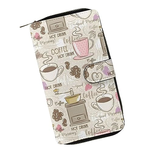 ZIATUBLES Frauen Bifold Snap Wallet mit ID Fenster PU Leder Clutch Geldbörse Kartenhalter Große Kapazität Brieftasche mit Reißverschluss, Kaffee Getränke, Einheitsgröße von ZIATUBLES