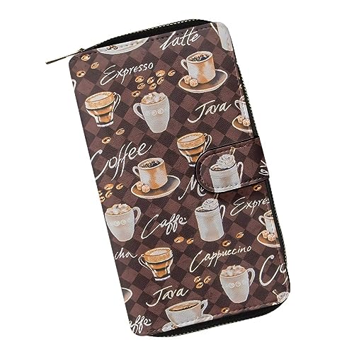 ZIATUBLES Frauen Bifold Snap Wallet mit ID Fenster PU Leder Clutch Geldbörse Kartenhalter Große Kapazität Brieftasche mit Reißverschluss, Kaffeeliebhaber, Einheitsgröße von ZIATUBLES