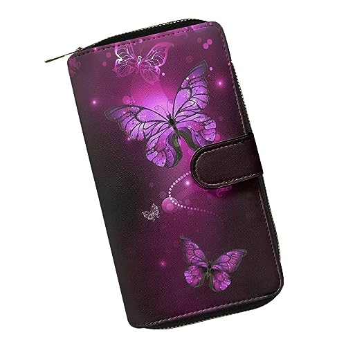 ZIATUBLES Frauen Bifold Snap Wallet mit ID Fenster PU Leder Clutch Geldbörse Kartenhalter Große Kapazität Brieftasche mit Reißverschluss, Lila Bling Schmetterling, Einheitsgröße von ZIATUBLES