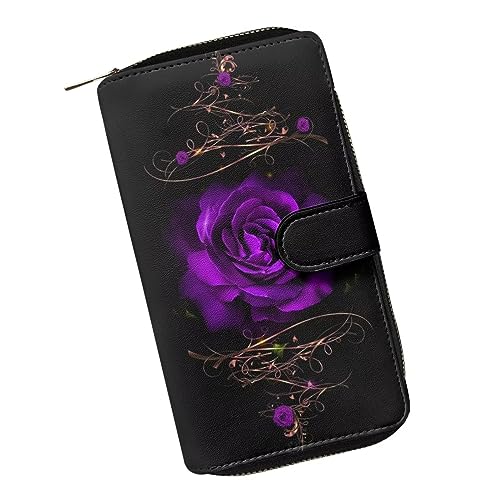 ZIATUBLES Frauen Bifold Snap Wallet mit ID Fenster PU Leder Clutch Geldbörse Kartenhalter Große Kapazität Brieftasche mit Reißverschluss, Purple Rose, Einheitsgröße von ZIATUBLES