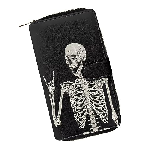 ZIATUBLES Frauen Bifold Snap Wallet mit ID Fenster PU Leder Clutch Geldbörse Kartenhalter Große Kapazität Brieftasche mit Reißverschluss, Rock Skull Skelett, Einheitsgröße von ZIATUBLES