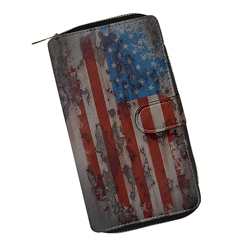 ZIATUBLES Frauen Bifold Snap Wallet mit ID Fenster PU Leder Clutch Geldbörse Kartenhalter Große Kapazität Brieftasche mit Reißverschluss, US-Flagge Vintage, Einheitsgröße von ZIATUBLES