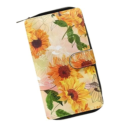 ZIATUBLES Frauen Bifold Snap Wallet mit ID Fenster PU Leder Clutch Geldbörse Kartenhalter Große Kapazität Brieftasche mit Reißverschluss, Vintage Sonnenblume, Einheitsgröße von ZIATUBLES