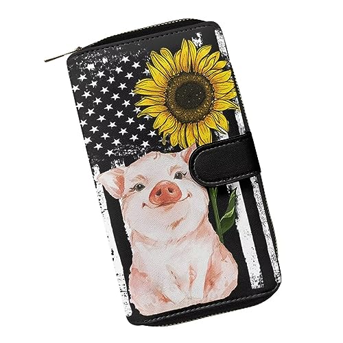 ZIATUBLES Frauen Snap Brieftasche PU Leder Bifold Brieftaschen mit Reißverschluss Tasche Kreditkartenhalter Organizer Lange Clutch Geldbörse, Amerikanische Flagge Sonnenblume Schwein, Einheitsgröße von ZIATUBLES