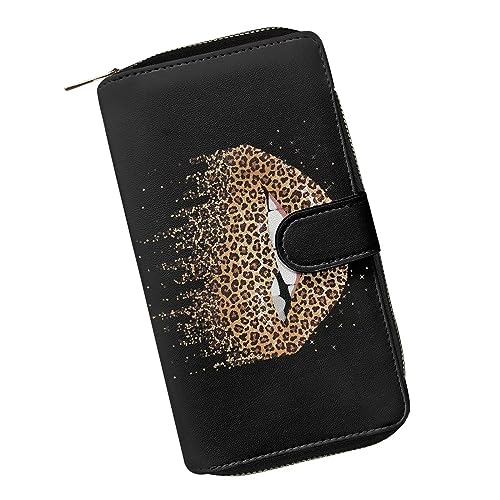 ZIATUBLES Frauen Snap Brieftasche PU Leder Bifold Brieftaschen mit Reißverschluss Tasche Kreditkartenhalter Organizer Lange Clutch Geldbörse, Leopard Lippen, Einheitsgröße von ZIATUBLES