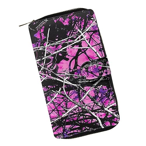 ZIATUBLES Frauen Snap Brieftasche PU Leder Bifold Brieftaschen mit Reißverschluss Tasche Kreditkartenhalter Organizer Lange Clutch Geldbörse, Purple Forest Camo, Einheitsgröße von ZIATUBLES