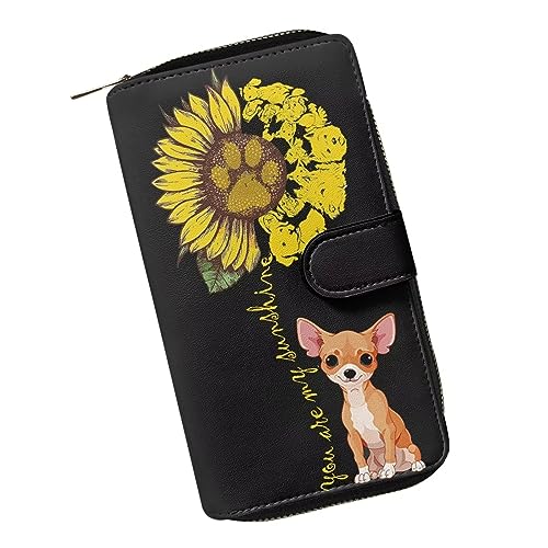 ZIATUBLES Frauen Snap Brieftasche PU Leder Bifold Brieftaschen mit Reißverschluss Tasche Kreditkartenhalter Organizer Lange Clutch Geldbörse, Sonnenblume Chihuahua Hund, Einheitsgröße von ZIATUBLES