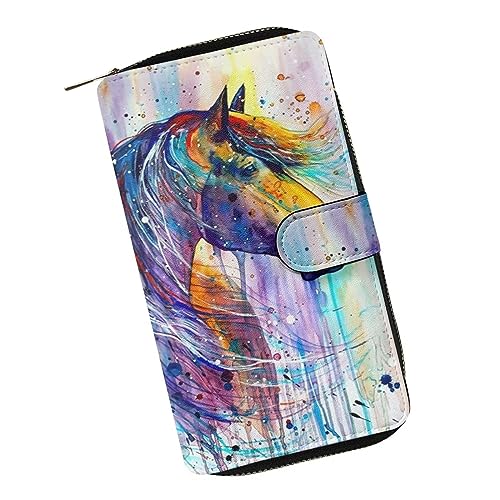 ZIATUBLES Geldbörse für Damen, Kunstleder, lange Clutch-Geldbörse mit Reißverschluss, Bifold-Geldbörse, Multi-Karten-Organizer, große Kapazität, Farbspritzer Pferd, Einheitsgröße von ZIATUBLES