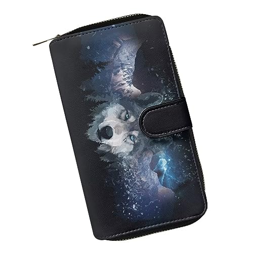 ZIATUBLES Geldbörse für Damen, Kunstleder, lange Clutch-Geldbörse mit Reißverschluss, Bifold-Geldbörse, Multi-Karten-Organizer, große Kapazität, Galaxy Wolf, Einheitsgröße von ZIATUBLES