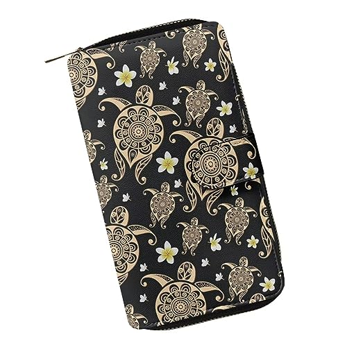 ZIATUBLES Geldbörse für Damen, Kunstleder, lange Clutch-Geldbörse mit Reißverschluss, Bifold-Geldbörse, Multi-Karten-Organizer, große Kapazität, Hawaiianische Frangipani-Schildkröte, Einheitsgröße von ZIATUBLES