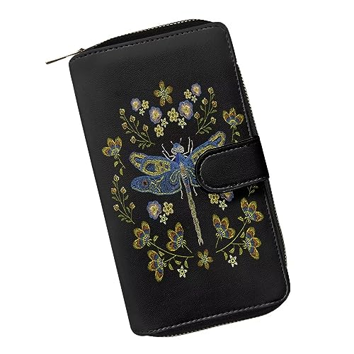 ZIATUBLES Geldbörse für Damen, Kunstleder, lange Clutch-Geldbörse mit Reißverschluss, Bifold-Geldbörse, Multi-Karten-Organizer, große Kapazität, Libellen-Blumenmuster, Einheitsgröße von ZIATUBLES