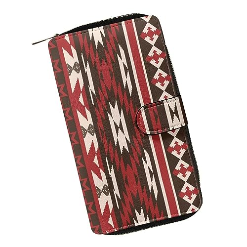 ZIATUBLES Geldbörse für Damen, Kunstleder, lange Clutch-Geldbörse mit Reißverschluss, Bifold-Geldbörse, Multi-Karten-Organizer, große Kapazität, Rot Azteken Tribal Geometrisch, Einheitsgröße von ZIATUBLES