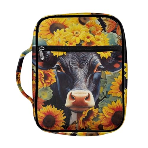 ZIATUBLES Große Bibelhüllen mit Sonnenblumen-, Rinder- und Kuhmuster, mit Taschen, tragbare Bibeltaschen für Damen und Herren, Polyester, Buch-Tragetasche, Bibelhalter, Taschen für christliches Gebet, von ZIATUBLES