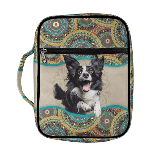 ZIATUBLES Große Bibelhüllen mit Taschen, Polyester, Buch-Tragetasche, Bibelhalter, Taschen für Damen und Herren, christliches Gebet, Bibelstudium, Boho-Mandala, Border Collie, Hundemuster von ZIATUBLES