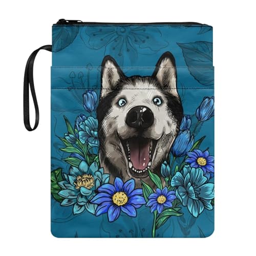 ZIATUBLES Husky Blumendruck Buchhülle für Hardcover Taschenbuch Buchhüllen Buchhülle Schutz Bibeltasche Reißverschluss Aufbewahrungstasche Geldbörse für Frauen Männer Teenager Mädchen Jungen Kinder von ZIATUBLES