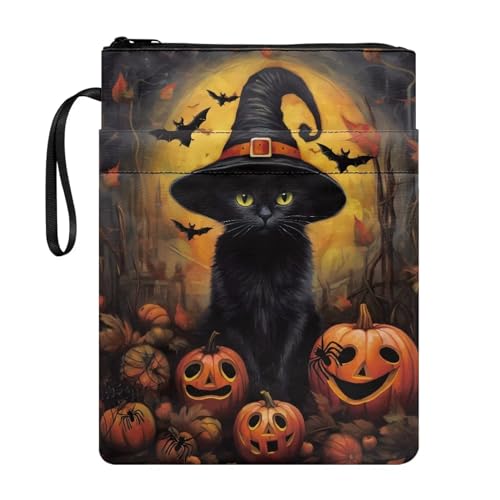 ZIATUBLES Katze Kürbis Druck Buchhüllen für Taschenbuch Halloween Reißverschluss Buchhüllen Wiederverwendbare Buch Schutzhülle Buch Sox Lehrbuch Jacken Waschbare Tasche Geldbörse von ZIATUBLES