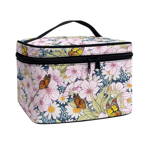 ZIATUBLES Kosmetiktasche für Damen, großes Fassungsvermögen, Make-up-Pack, Hautpflege-Halter, Kulturbeutel für Urlaub, Outdoor-Aktivitäten, Retro-Blumen-Schmetterling, Einheitsgröße von ZIATUBLES