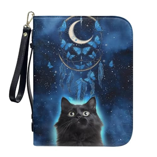 ZIATUBLES Kunstleder-Bibelhülle, Kirche, Bibeltasche, Buch-Organizer, Halter für Gebet, christlich, L-2XL, Blauer Schmetterling Katze Mond, XXL von ZIATUBLES