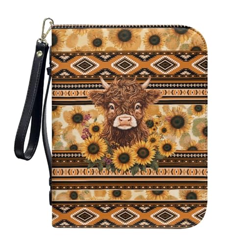 ZIATUBLES Kunstleder-Bibelhüllen mit Riemen, Tragebuchhülle, Bibelhalter, Kirche, Bibeltasche für Gebetsstudium, L-2XL, Azteken-Sonnenblume, Hochlandkuh, XL von ZIATUBLES
