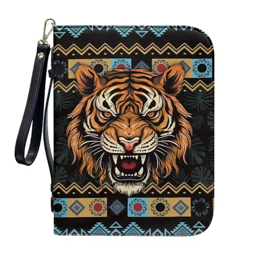 ZIATUBLES Kunstleder-Bibelhüllen mit Riemen, Tragebuchhülle, Bibelhalter, Kirche, Bibeltasche für Gebetsstudium, L-2XL, Azteken-Tiger, L von ZIATUBLES