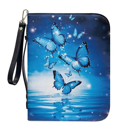 ZIATUBLES Kunstleder-Bibelhüllen mit Riemen, Tragebuchhülle, Bibelhalter, Kirche, Bibeltasche für Gebetsstudium, L-2XL, Blauer Schmetterling mit Farbverlauf, L von ZIATUBLES