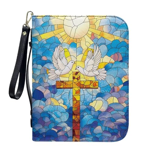 ZIATUBLES Kunstleder-Bibelhüllen mit Riemen, Tragebuchhülle, Bibelhalter, Kirche, Bibeltasche für Gebetsstudium, L-2XL, Buntglas-Taube, XXL von ZIATUBLES