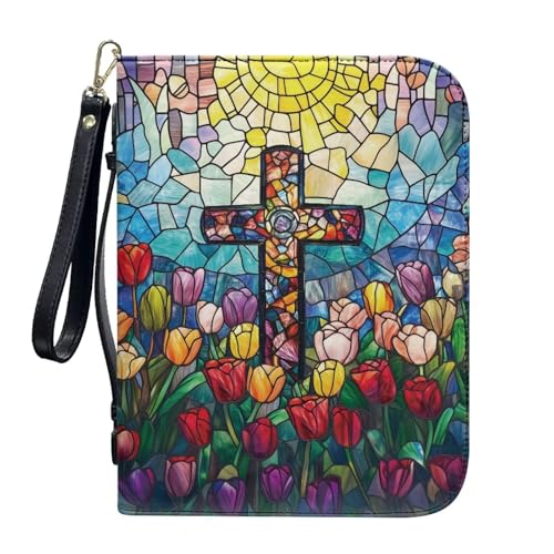 ZIATUBLES Kunstleder-Bibelhüllen mit Riemen, Tragebuchhülle, Bibelhalter, Kirche, Bibeltasche für Gebetsstudium, L-2XL, Buntglas-Tulpenblumenkreuz, XXL von ZIATUBLES
