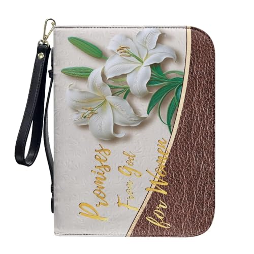 ZIATUBLES Kunstleder-Bibelhüllen mit Riemen, Tragebuchhülle, Bibelhalter, Kirche, Bibeltasche für Gebetsstudium, L-2XL, Lilienblüten-Bibelvers, L von ZIATUBLES