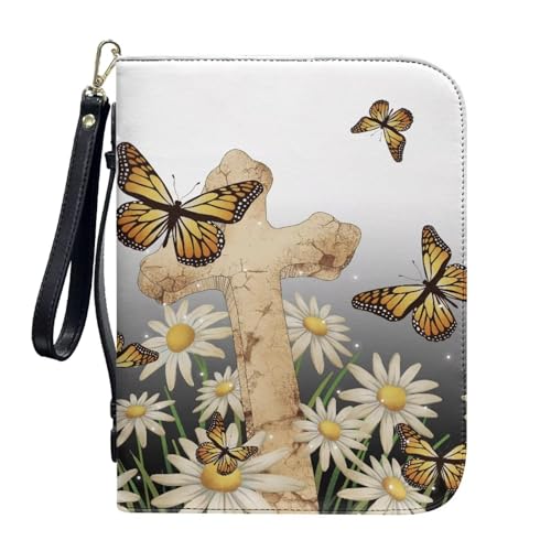 ZIATUBLES Kunstleder-Bibelhüllen mit Riemen, Tragebuchhülle, Bibelhalter, Kirche, Bibeltasche für Gebetsstudium, L-2XL, Retro Gänseblümchen Kreuz Schmetterling, XL von ZIATUBLES